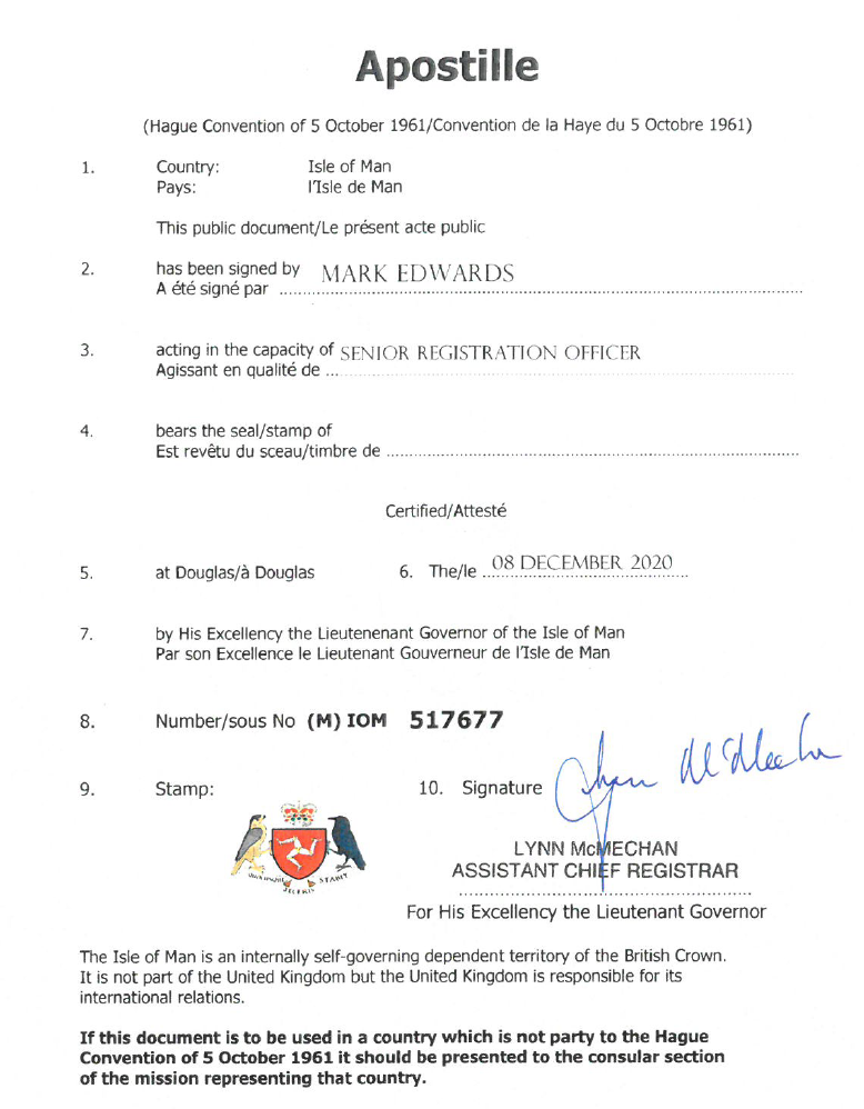 Апостиль на Острове Мэн