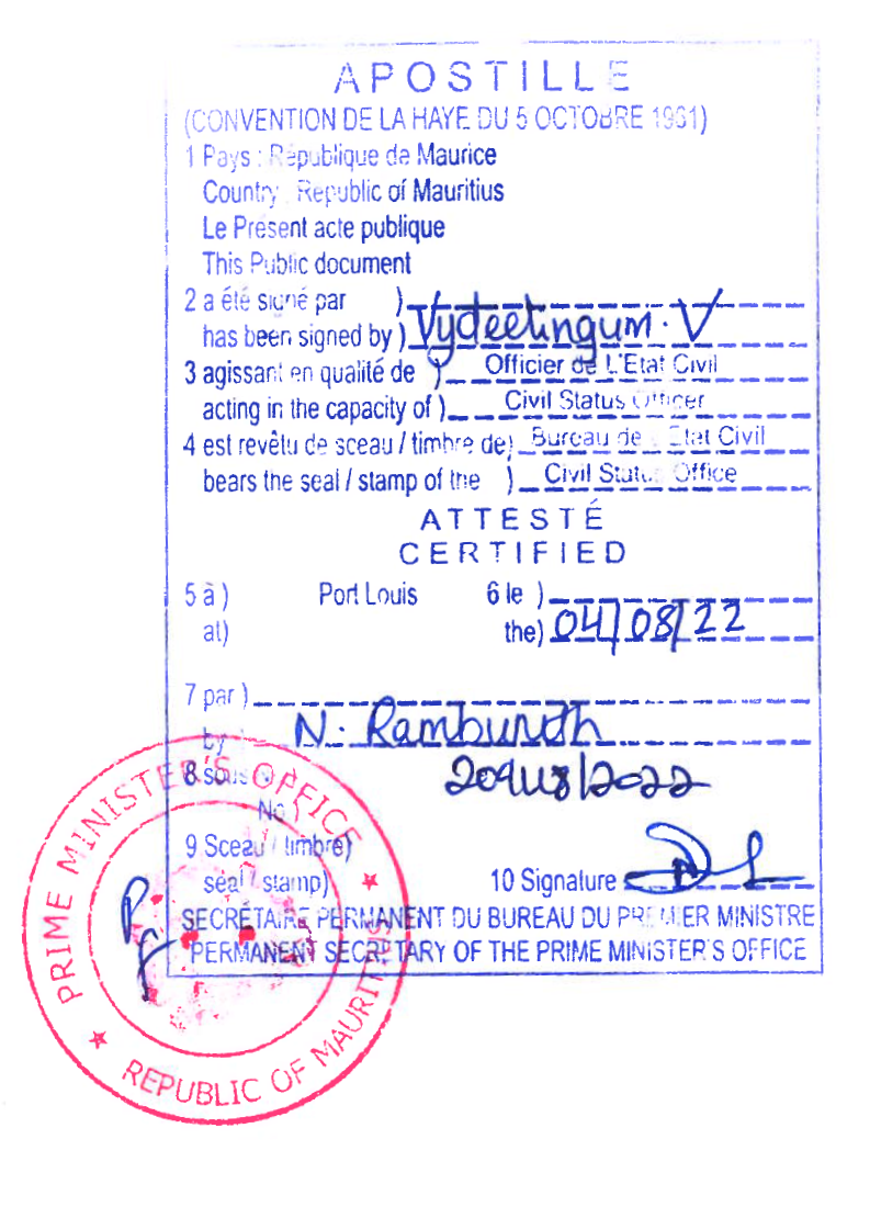 Маврикийдегі апостиль үлгісі