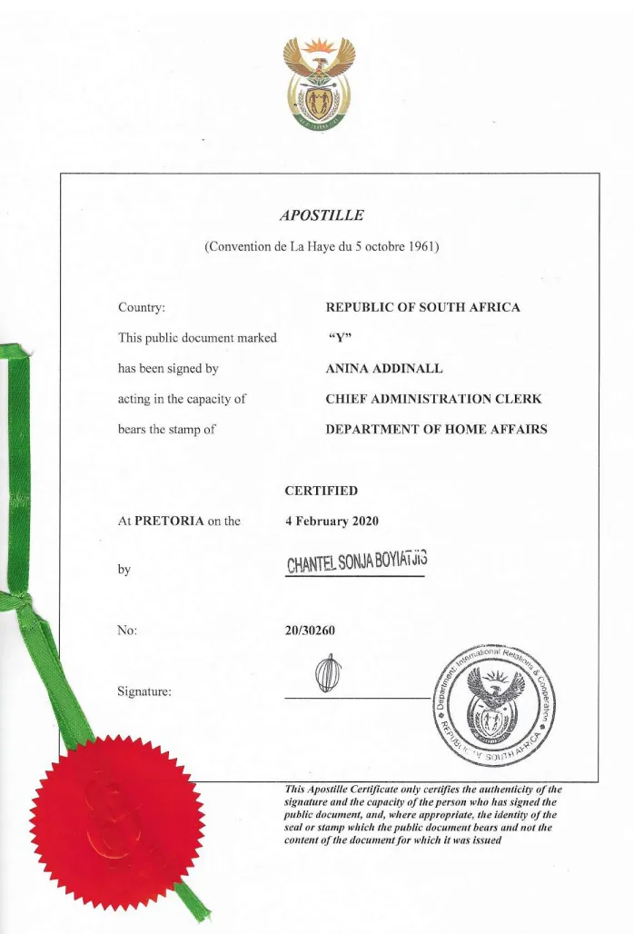 Оңтүстік Африка Республикасы ОАР-дан апостиль