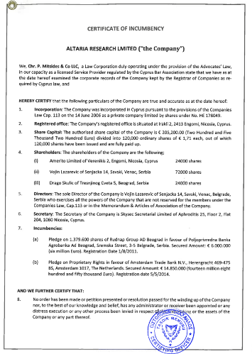 Certificate of Incumbency from commercial register of Cyprus