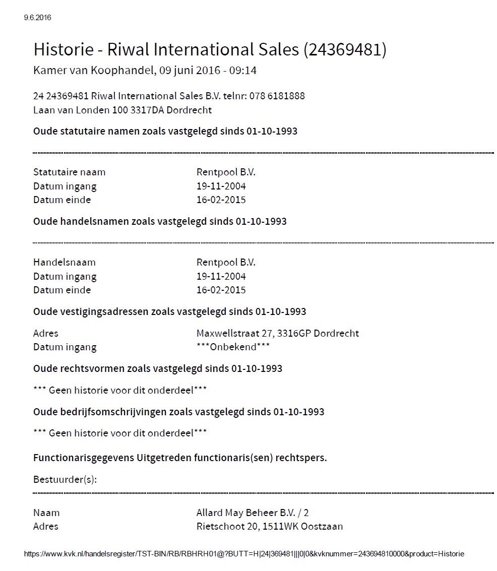 Historical extract from commercial register of the Netherlands