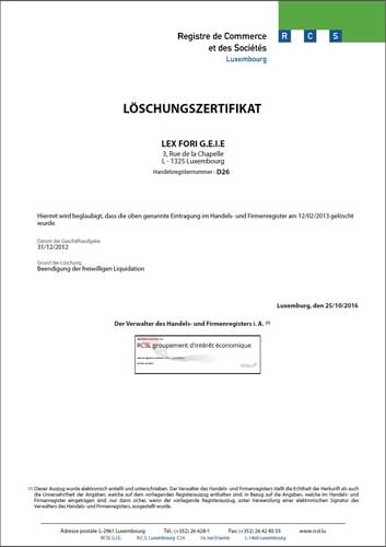 Certificate of Dissolution from commercial register of Luxembourg