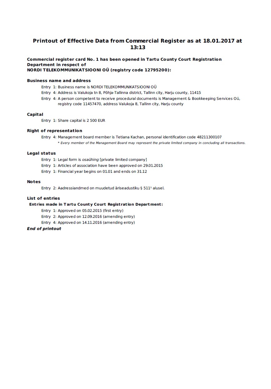 Registration card from commercial register of Estonia