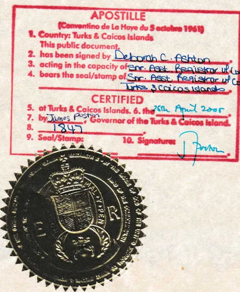 Тёркс және Кайкос апостиль мысалы Тёркс және Кайкос апостиль мысалы